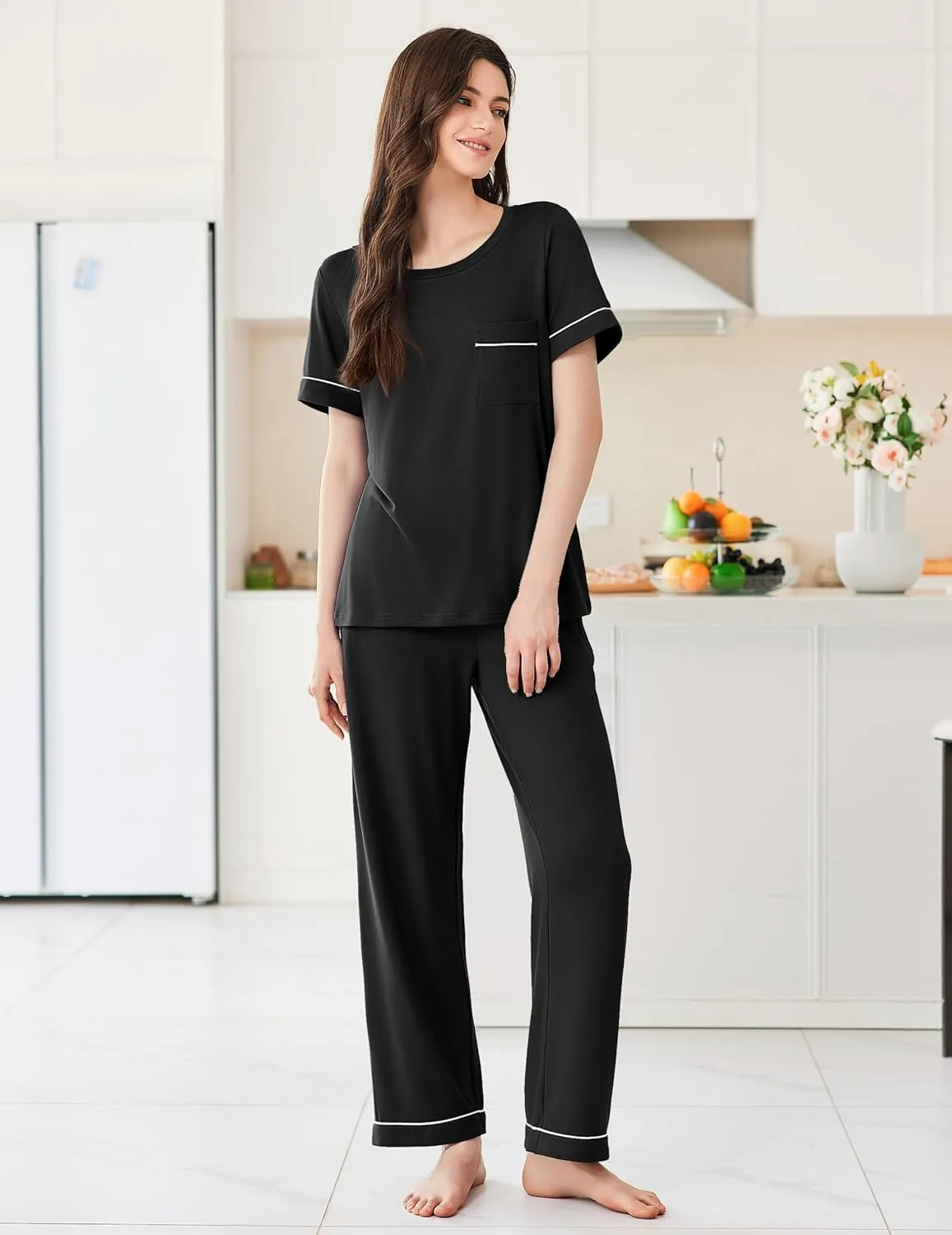 Ekouaer Womens Pajama Sets Short Sleeve Top and Pants 2 Piece Pjs Soft Sleepwear Comfy Lounge Set S-XXL