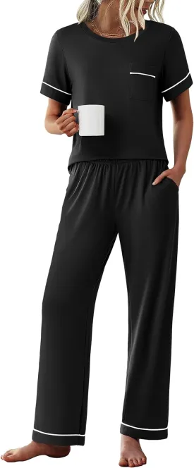 Ekouaer Womens Pajama Sets Short Sleeve Top and Pants 2 Piece Pjs Soft Sleepwear Comfy Lounge Set S-XXL