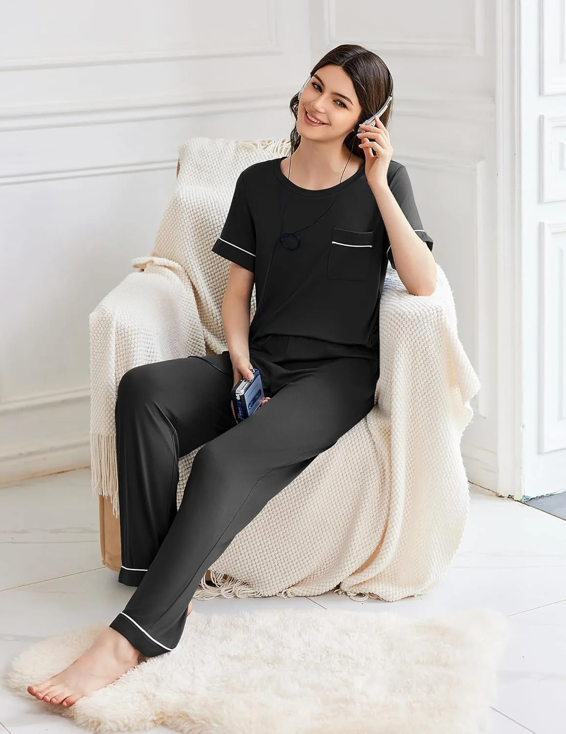 Ekouaer Womens Pajama Sets Short Sleeve Top and Pants 2 Piece Pjs Soft Sleepwear Comfy Lounge Set S-XXL