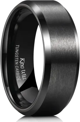 King Will Tungsten Men's Wedding Ring - Available in 6mm to 10mm, Black/Silver, Matte Finish, Beveled Polished Edge, Comfort Fit