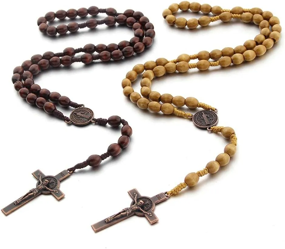 KOMI Handmade Wooden Catholic Rosaries, Rosary Beads Necklace From Bethlehem Wood Christian Prayer Holy Soil Medal & Metal Cross For Catholic Or Christian Gift