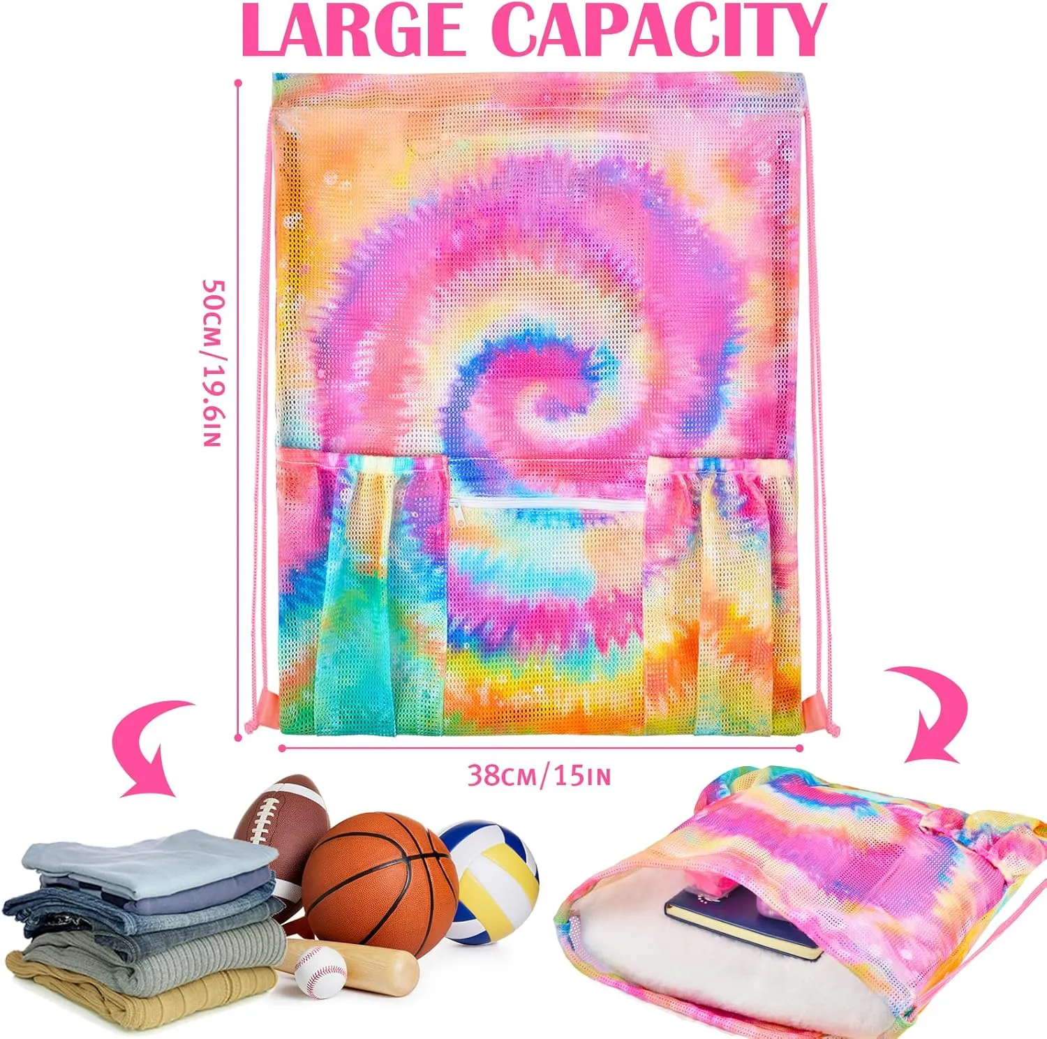 Mesh Drawstring Bag with Zipper Pocket, Beach Bag for Swimming Gear Backpack Gym Storage Bag for Adult Kids (Tie Dye)