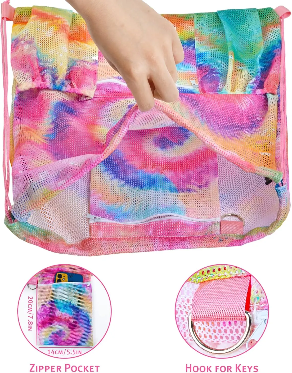 Mesh Drawstring Bag with Zipper Pocket, Beach Bag for Swimming Gear Backpack Gym Storage Bag for Adult Kids (Tie Dye)