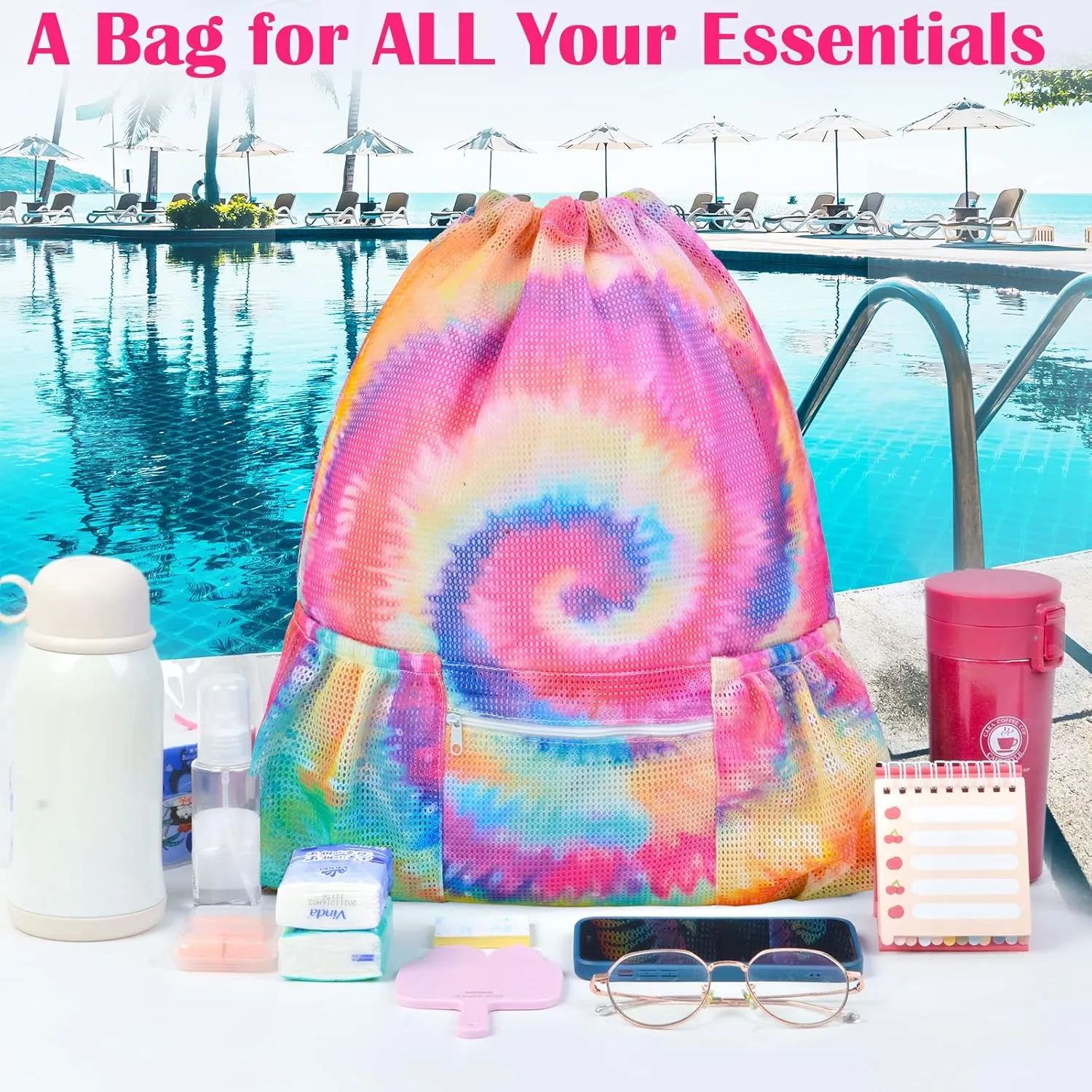 Mesh Drawstring Bag with Zipper Pocket, Beach Bag for Swimming Gear Backpack Gym Storage Bag for Adult Kids (Tie Dye)
