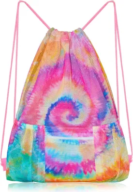 Mesh Drawstring Bag with Zipper Pocket, Beach Bag for Swimming Gear Backpack Gym Storage Bag for Adult Kids (Tie Dye)