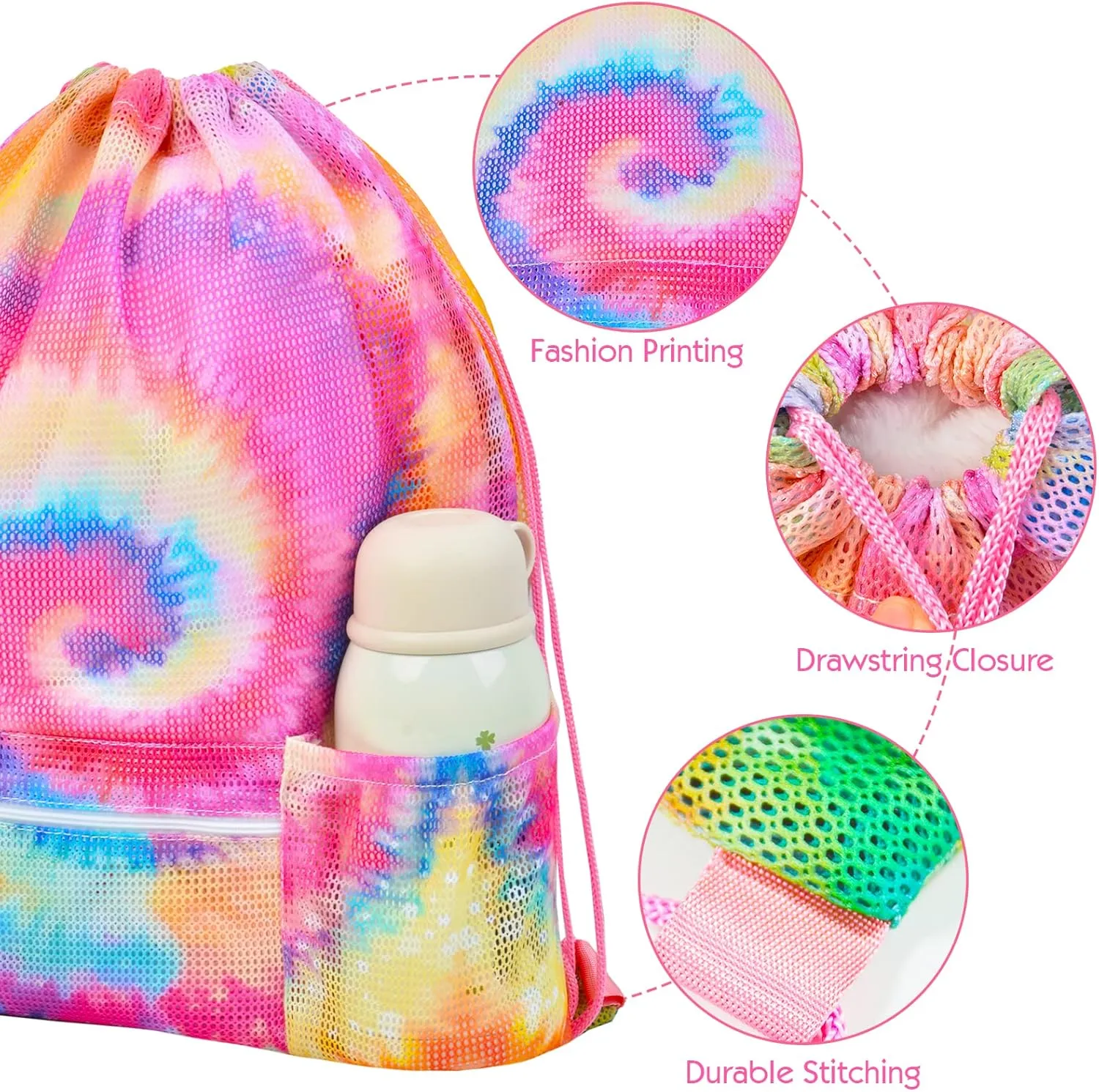 Mesh Drawstring Bag with Zipper Pocket, Beach Bag for Swimming Gear Backpack Gym Storage Bag for Adult Kids (Tie Dye)