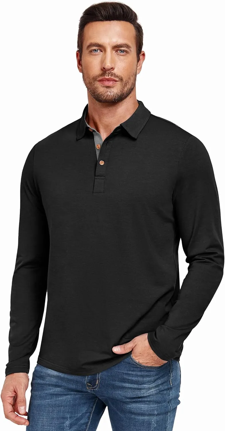 PEGENO Mens Polo Short/Long Sleeve Shirt Classic Button Basic Solid Color Designed Collared Polo Shirt Fashion Casual Shirts