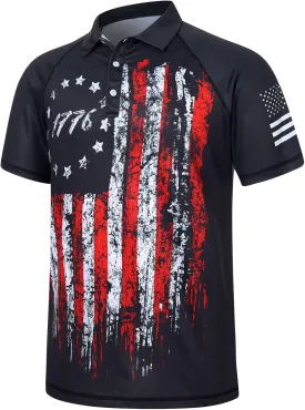 RAISEVERN Mens American Flag Print Golf Polo Shirt Patriotic Raglan Sleeve Tees