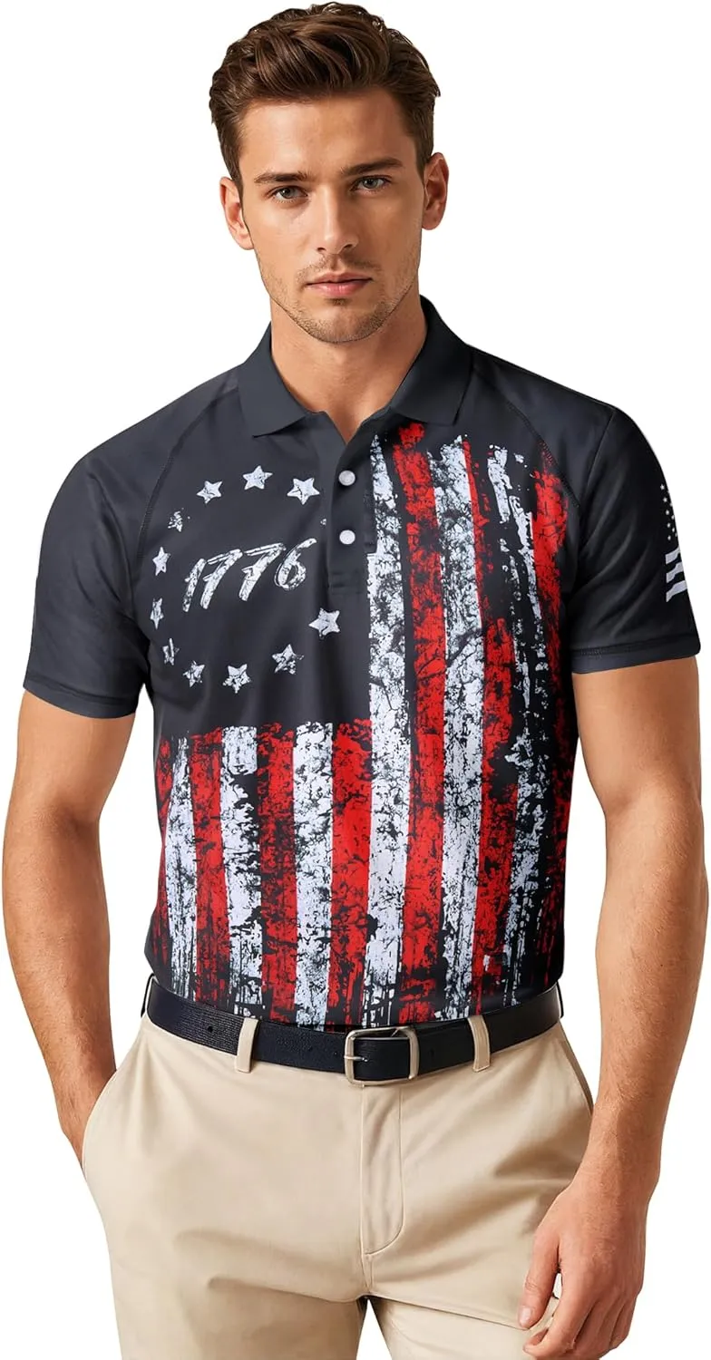RAISEVERN Mens American Flag Print Golf Polo Shirt Patriotic Raglan Sleeve Tees