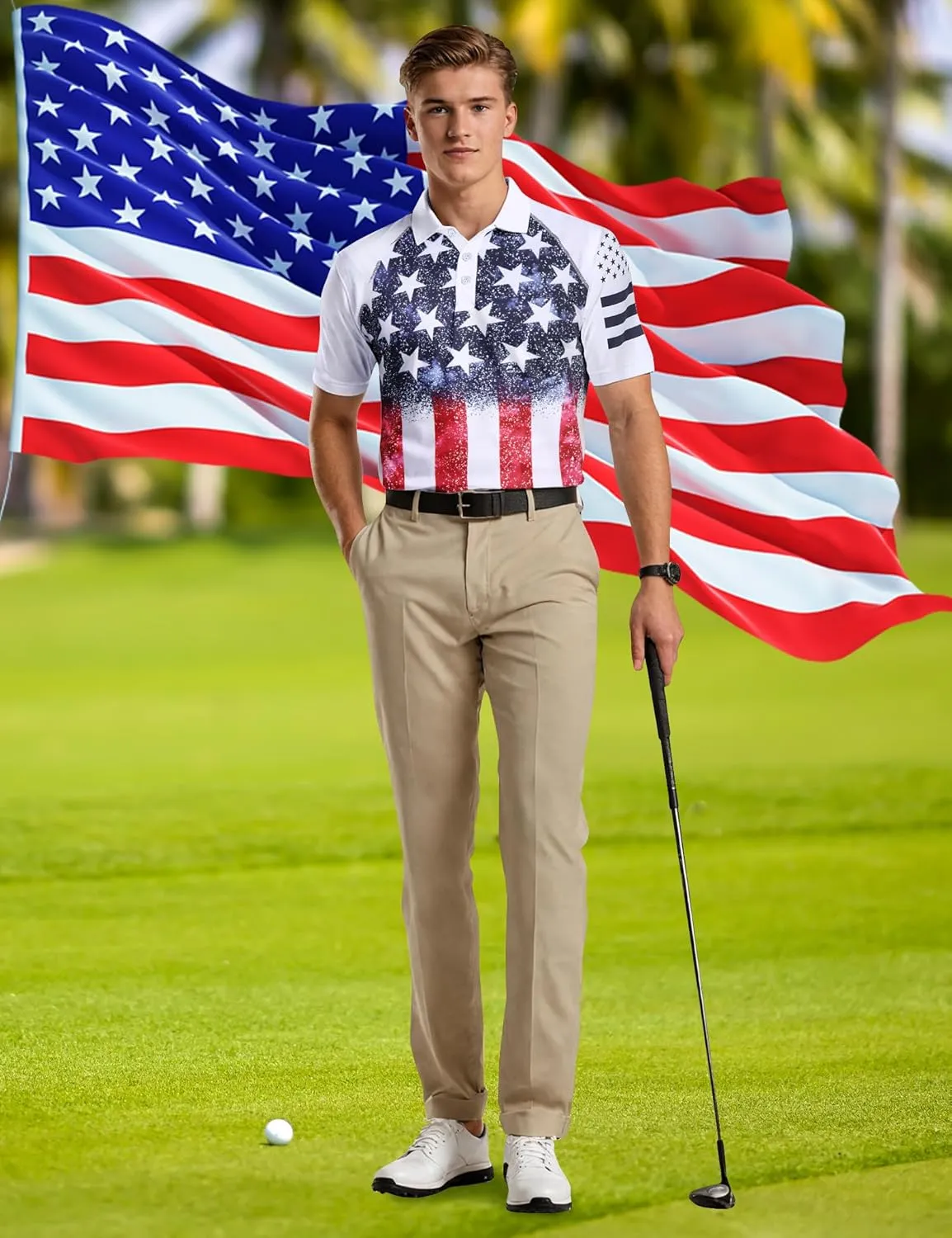 RAISEVERN Mens American Flag Print Golf Polo Shirt Patriotic Raglan Sleeve Tees