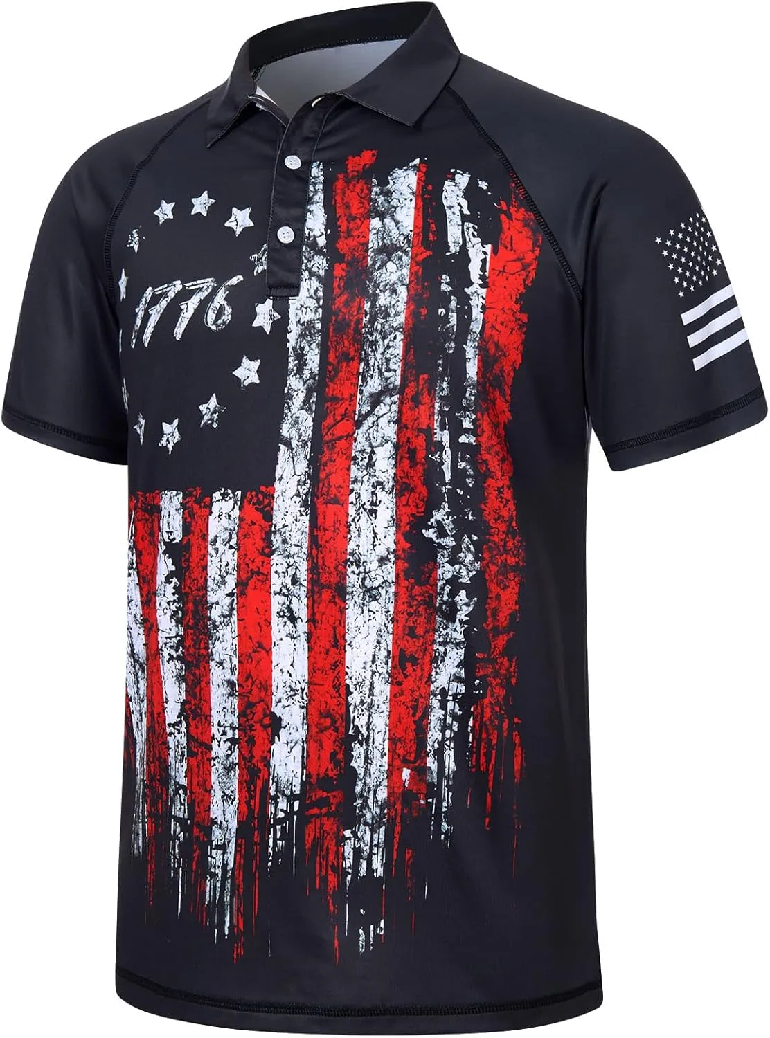 RAISEVERN Mens American Flag Print Golf Polo Shirt Patriotic Raglan Sleeve Tees