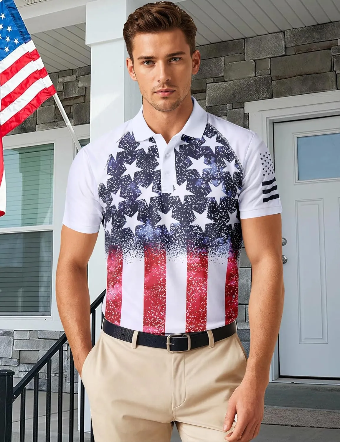 RAISEVERN Mens American Flag Print Golf Polo Shirt Patriotic Raglan Sleeve Tees