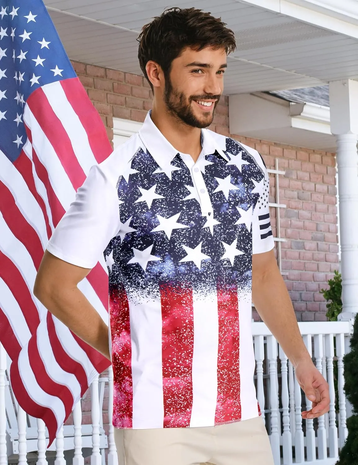 RAISEVERN Mens American Flag Print Golf Polo Shirt Patriotic Raglan Sleeve Tees