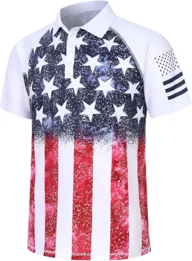 RAISEVERN Mens American Flag Print Golf Polo Shirt Patriotic Raglan Sleeve Tees