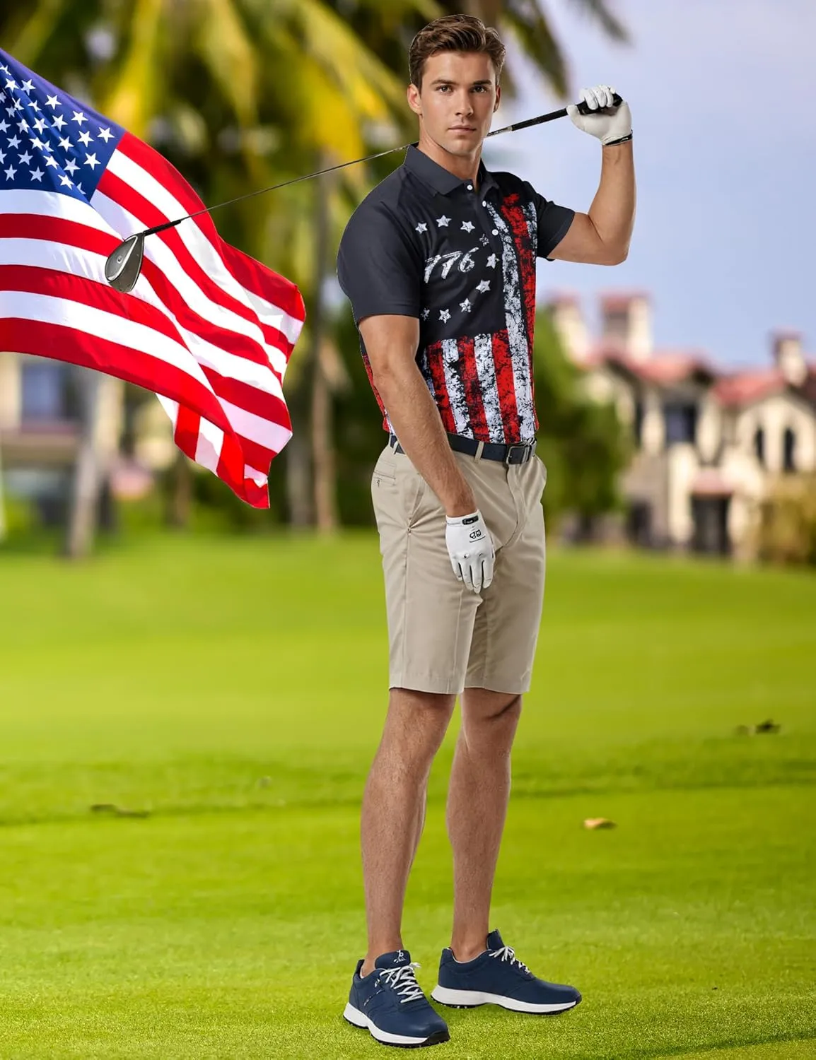RAISEVERN Mens American Flag Print Golf Polo Shirt Patriotic Raglan Sleeve Tees