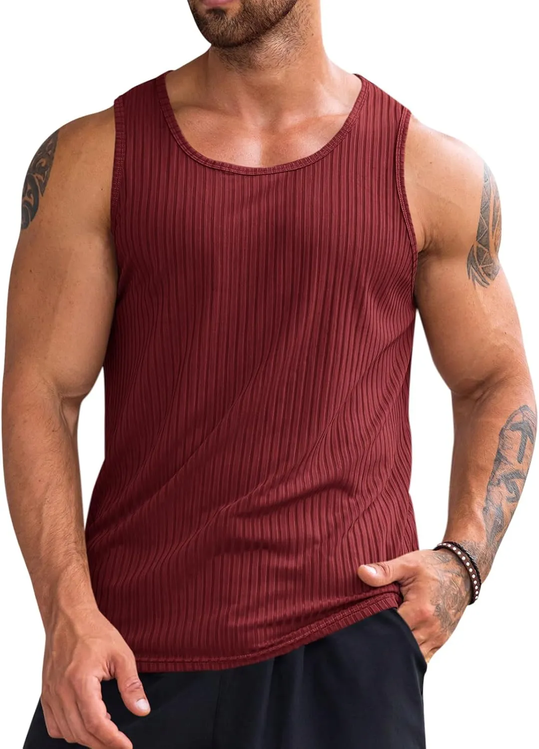 Runcati Men's Ribbed Tank Tops Knit Sleeveless Workout T Shirt Muscle Gym Fitness Tee