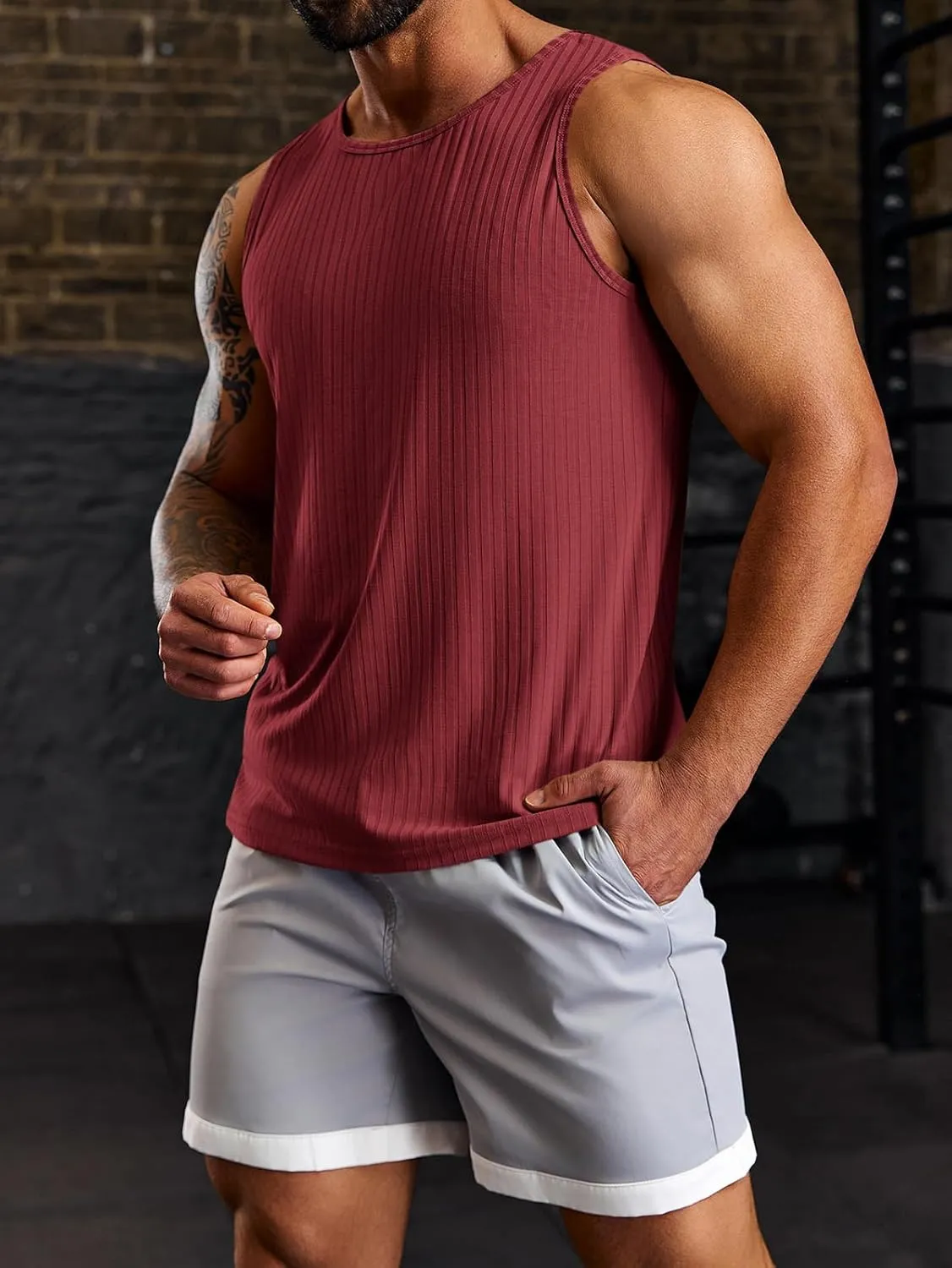 Runcati Men's Ribbed Tank Tops Knit Sleeveless Workout T Shirt Muscle Gym Fitness Tee