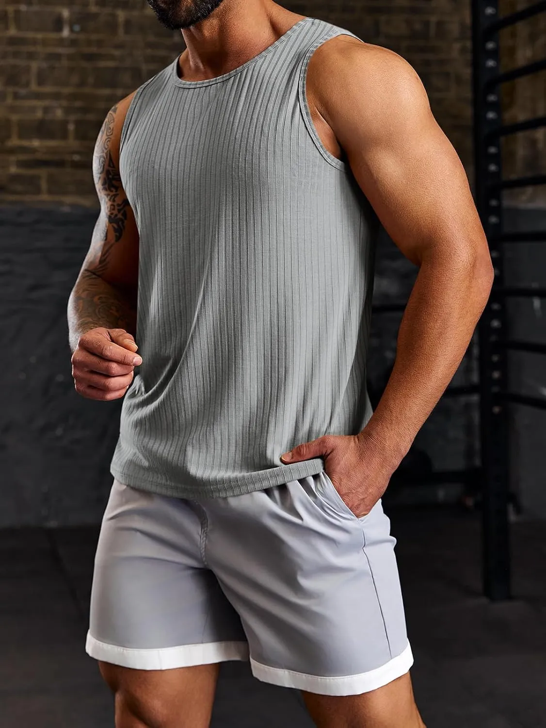 Runcati Men's Ribbed Tank Tops Knit Sleeveless Workout T Shirt Muscle Gym Fitness Tee